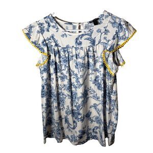 Mackenzie & James Blouse Women's Large Floral Short Sleeve Pleated Tassel Boho